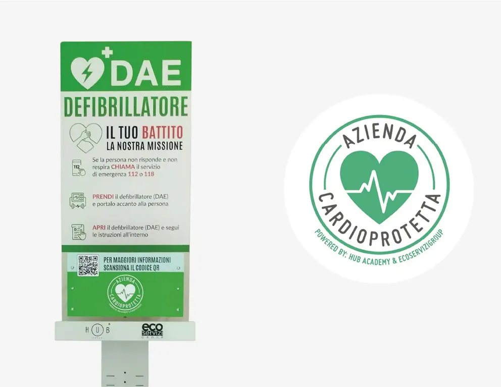 La piantana per il defibrillatore e il bollino Azienda Cardio-protetta
