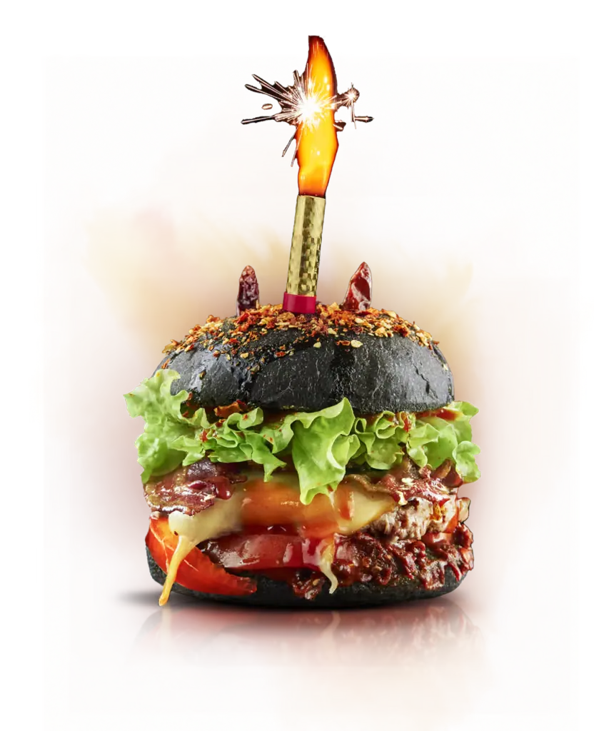 Un hamburger Rock Burger con bun nero e scintilla